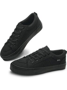 🆕Women's Dark Black Sneakers Cute Lace up Canvas Shoes Low Top Washed Casual
